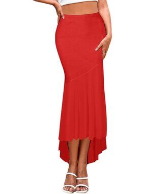 Women's Red High Waist Fabric Bodycon Fishtail Elastic Low Hem Long Maxi Skirt